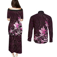 Matariki New Zealand Couples Matching Puletasi and Long Sleeve Button Shirt Maori Pattern Pink Galaxy LT05 - Polynesian Pride