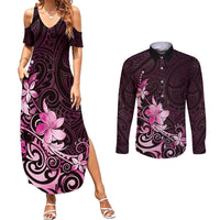 Matariki New Zealand Couples Matching Summer Maxi Dress and Long Sleeve Button Shirt Maori Pattern Pink Galaxy LT05 Pink - Polynesian Pride