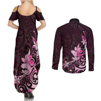 Matariki New Zealand Couples Matching Summer Maxi Dress and Long Sleeve Button Shirt Maori Pattern Pink Galaxy LT05 - Polynesian Pride