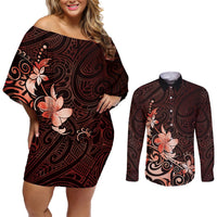 Matariki New Zealand Couples Matching Off Shoulder Short Dress and Long Sleeve Button Shirt Maori Pattern Red Galaxy LT05 Red - Polynesian Pride