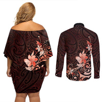 Matariki New Zealand Couples Matching Off Shoulder Short Dress and Long Sleeve Button Shirt Maori Pattern Red Galaxy LT05 - Polynesian Pride