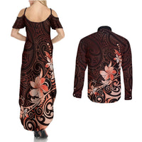 Matariki New Zealand Couples Matching Summer Maxi Dress and Long Sleeve Button Shirt Maori Pattern Red Galaxy LT05 - Polynesian Pride