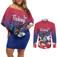 Guam Blue Marlin Fishing Couples Matching Off Shoulder Short Dress and Long Sleeve Button Shirt Polynesian Style LT05 Red - Polynesian Pride
