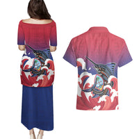 Guam Blue Marlin Fishing Couples Matching Puletasi and Hawaiian Shirt Polynesian Style