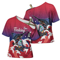 Guam Blue Marlin Fishing Cross Shoulder Shirt Polynesian Style LT05 - Polynesian Pride