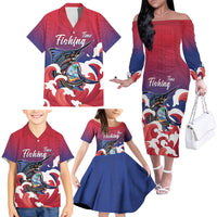 Guam Blue Marlin Fishing Family Matching Off The Shoulder Long Sleeve Dress and Hawaiian Shirt Polynesian Style