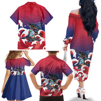 Guam Blue Marlin Fishing Family Matching Off The Shoulder Long Sleeve Dress and Hawaiian Shirt Polynesian Style