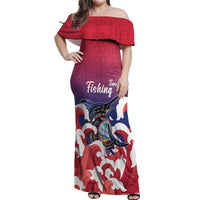 Guam Blue Marlin Fishing Off Shoulder Maxi Dress Polynesian Style LT05 Women Red - Polynesian Pride