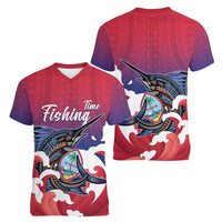 Guam Blue Marlin Fishing Women V-Neck T-Shirt Polynesian Style LT05 - Polynesian Pride