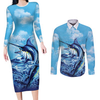 Hawaii Blue Marlin Fishing Couples Matching Long Sleeve Bodycon Dress and Long Sleeve Button Shirt LT05 Blue - Polynesian Pride