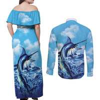 Hawaii Blue Marlin Fishing Couples Matching Off Shoulder Maxi Dress and Long Sleeve Button Shirt LT05 - Polynesian Pride