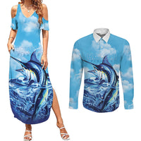 Hawaii Blue Marlin Fishing Couples Matching Summer Maxi Dress and Long Sleeve Button Shirt LT05 Blue - Polynesian Pride