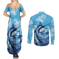 Hawaii Blue Marlin Fishing Couples Matching Summer Maxi Dress and Long Sleeve Button Shirt LT05 - Polynesian Pride