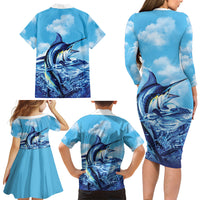 Hawaii Blue Marlin Fishing Family Matching Long Sleeve Bodycon Dress and Hawaiian Shirt
