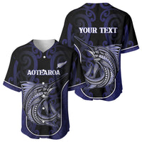 Personalised New Zealand Aotearoa Baseball Jersey Blue Marlin Fishing Maori Pattern LT05 - Polynesian Pride