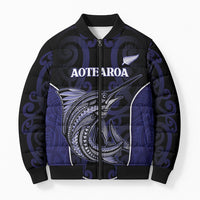Personalised New Zealand Aotearoa Bomber Puffer Jacket Blue Marlin Fishing Maori Pattern LT05 Unisex Black - Polynesian Pride