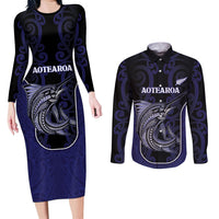 Personalised New Zealand Aotearoa Couples Matching Long Sleeve Bodycon Dress and Long Sleeve Button Shirt Blue Marlin Fishing Maori Pattern