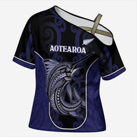 Personalised New Zealand Aotearoa Cross Shoulder Shirt Blue Marlin Fishing Maori Pattern LT05 Female Black - Polynesian Pride
