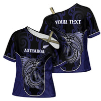Personalised New Zealand Aotearoa Cross Shoulder Shirt Blue Marlin Fishing Maori Pattern LT05 - Polynesian Pride
