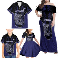 Personalised New Zealand Aotearoa Family Matching Off Shoulder Maxi Dress and Hawaiian Shirt Blue Marlin Fishing Maori Pattern