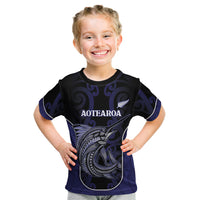 Personalised New Zealand Aotearoa Kid T Shirt Blue Marlin Fishing Maori Pattern LT05 Black - Polynesian Pride