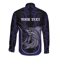 Personalised New Zealand Aotearoa Long Sleeve Button Shirt Blue Marlin Fishing Maori Pattern LT05 - Polynesian Pride