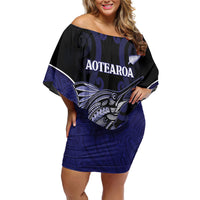 Personalised New Zealand Aotearoa Off Shoulder Short Dress Blue Marlin Fishing Maori Pattern