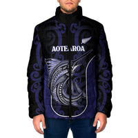 Personalised New Zealand Aotearoa Padded Jacket Blue Marlin Fishing Maori Pattern LT05 Men Black - Polynesian Pride