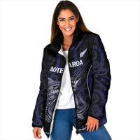 Personalised New Zealand Aotearoa Padded Jacket Blue Marlin Fishing Maori Pattern LT05 Women Black - Polynesian Pride