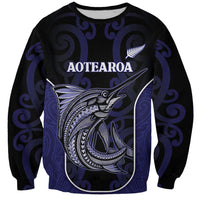 Personalised New Zealand Aotearoa Sweatshirt Blue Marlin Fishing Maori Pattern LT05 Unisex Black - Polynesian Pride