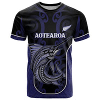 Personalised New Zealand Aotearoa T Shirt Blue Marlin Fishing Maori Pattern LT05 Black - Polynesian Pride