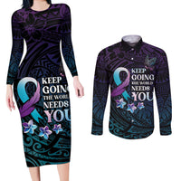 Polynesia Suicide Prevention Awareness Couples Matching Long Sleeve Bodycon Dress and Long Sleeve Button Shirt Keep Going The World Needs You LT05 Purple - Polynesian Pride