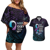 Polynesia Suicide Prevention Awareness Couples Matching Off Shoulder Short Dress and Hawaiian Shirt Keep Going The World Needs You LT05 Purple - Polynesian Pride