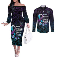 Polynesia Suicide Prevention Awareness Couples Matching Off The Shoulder Long Sleeve Dress and Long Sleeve Button Shirt Keep Going The World Needs You LT05 Purple - Polynesian Pride