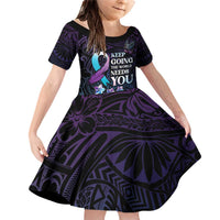 Polynesia Suicide Prevention Awareness Family Matching Off Shoulder Short Dress and Hawaiian Shirt Keep Going The World Needs You LT05 Daughter's Dress Purple - Polynesian Pride