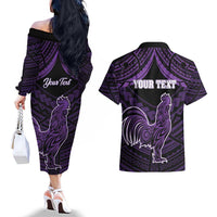Personalised Hawaii Kauai Island Couples Matching Off The Shoulder Long Sleeve Dress and Hawaiian Shirt Rooster Tribal Tattoo Simple Style