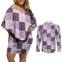 Lavender Manta Ray Hawaiian Quilt Motif Couples Matching Off Shoulder Short Dress and Long Sleeve Button Shirt