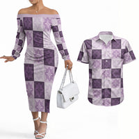 Lavender Manta Ray Hawaiian Quilt Motif Couples Matching Off The Shoulder Long Sleeve Dress and Hawaiian Shirt