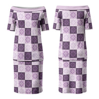 Lavender Manta Ray Hawaiian Quilt Motif Couples Matching Puletasi and Long Sleeve Button Shirt