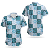 Cyan Manta Ray Hawaiian Quilt Motif Couples Matching Short Sleeve Bodycon Dress and Hawaiian Shirt