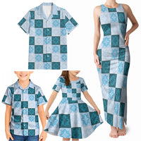 Cyan Manta Ray Hawaiian Quilt Motif Family Matching Tank Maxi Dress and Hawaiian Shirt