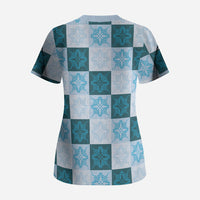 Cyan Manta Ray Hawaiian Quilt Motif Scrub Top