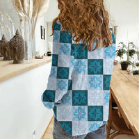 Cyan Manta Ray Hawaiian Quilt Motif Women Casual Shirt