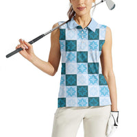 Cyan Manta Ray Hawaiian Quilt Motif Women Sleeveless Polo Shirt