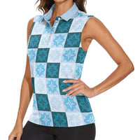 Cyan Manta Ray Hawaiian Quilt Motif Women Sleeveless Polo Shirt