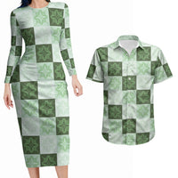 Sage Green Manta Ray Hawaiian Quilt Motif Couples Matching Long Sleeve Bodycon Dress and Hawaiian Shirt