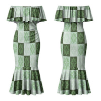 Sage Green Manta Ray Hawaiian Quilt Motif Couples Matching Mermaid Dress and Long Sleeve Button Shirt