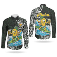 Aloha Hawaii Mango Surfing Couples Matching Short Sleeve Bodycon Dress and Long Sleeve Button Shirt Polynesian Style