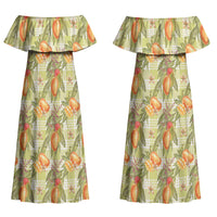 Vintage Hawaii Mango Couples Matching Off Shoulder Maxi Dress and Long Sleeve Button Shirt Yellow Green Hawaiian Palaka