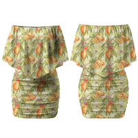 Vintage Hawaii Mango Couples Matching Off Shoulder Short Dress and Long Sleeve Button Shirt Yellow Green Hawaiian Palaka